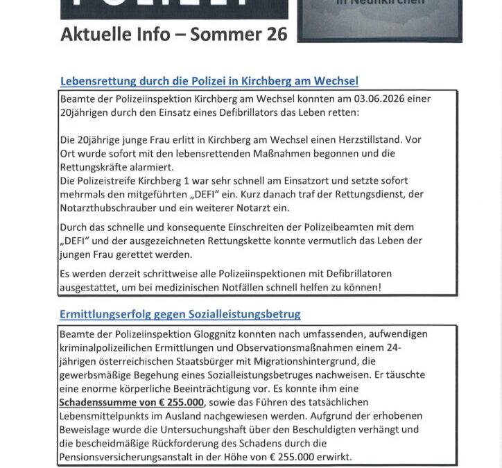 Bezirkspolizeikommando Neunkirchen – aktuelle Info Sommer 2026
