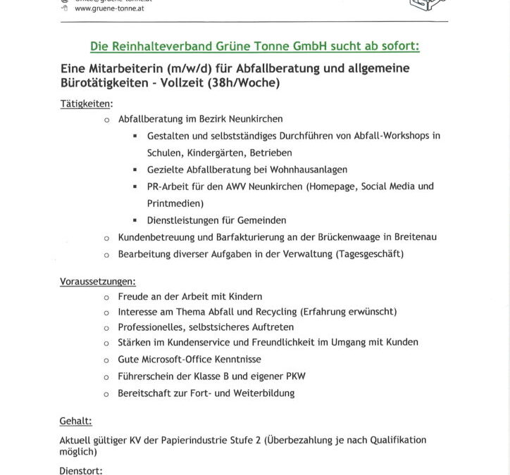 Reinhalteverband GRÜNE TONNE Neunkirchen – Stellenausschreibung