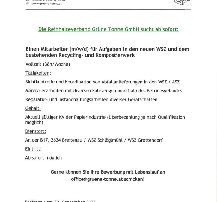 Stellenausschreibung Reinhalteverband GRÜNE TONNE