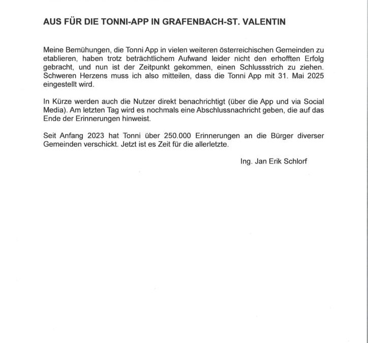 Aus für die TONNI-App